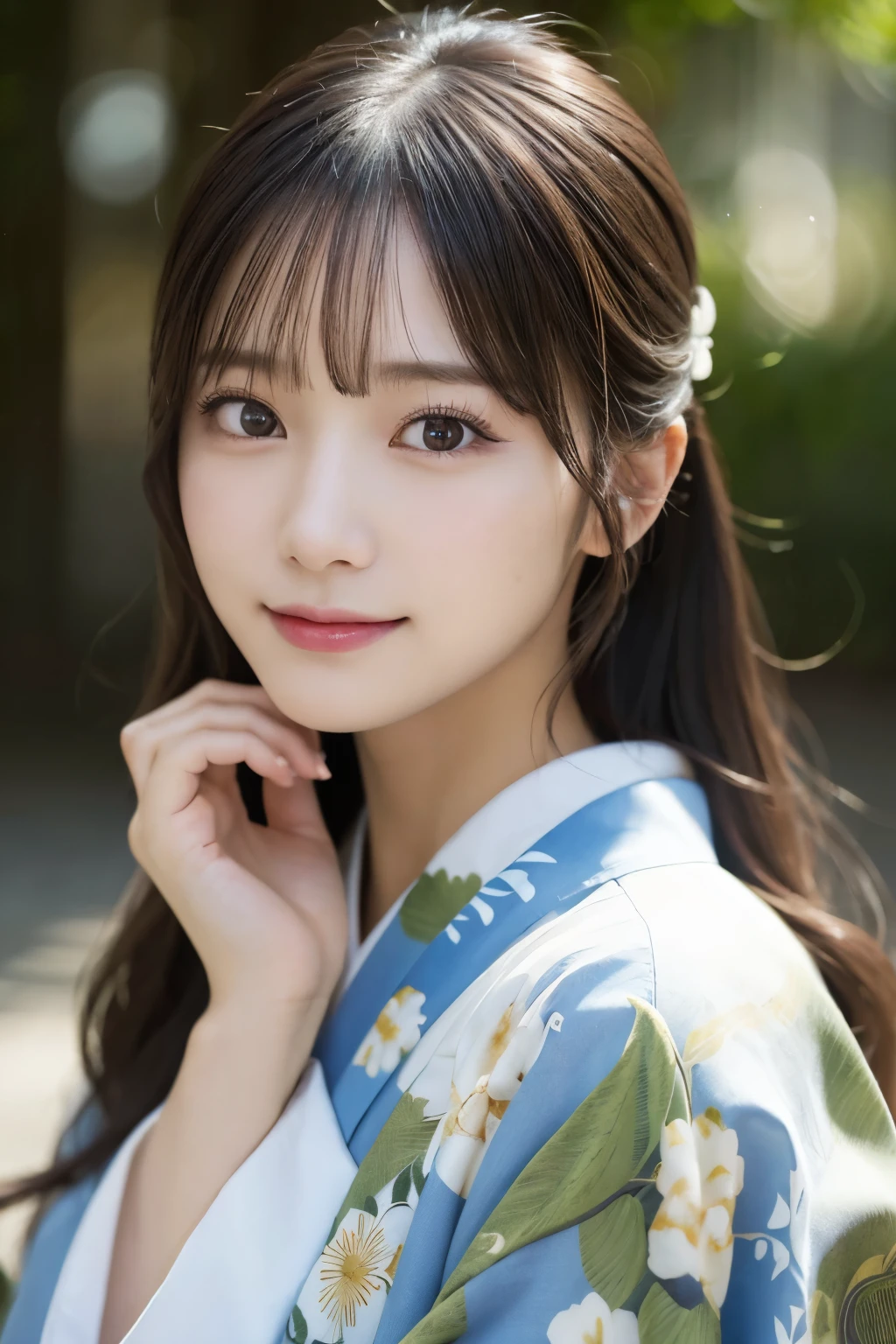 (kimono)、(highest quality、8k、High resolution、masterpiece:1.2)、Very detailed、(Realistic、photoRealistic、photo-Realistic:1.3)、Bokeh、Portraiture、smile、(Beautiful and detailed eyes、Young face、Detailed face、No makeup)、A little backlight、Depth of written boundary、chromatic aberration、Use natural light and color、Wide range of lighting、Natural Shading、Caustics