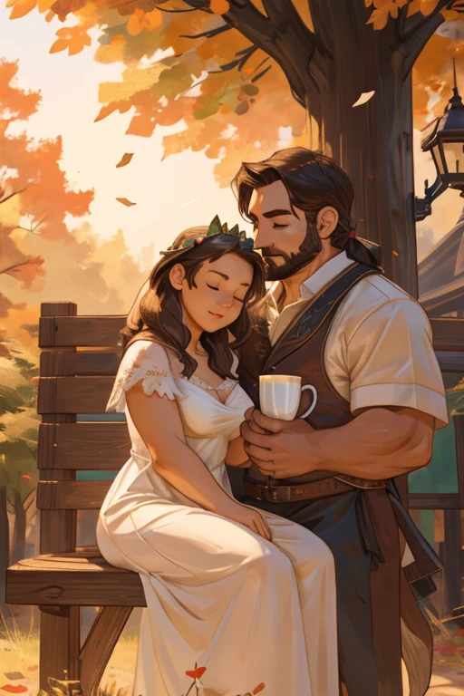 A touching and intimate moment between a lovely lady and a stranger in a public place. The lady, dressed in a flowy white dress, is seen sitting on a park bench, her head leaning against the backrest as she cradles her exposed breast in her left arm. Her expression is calm and gentle, her eyes closed in contentment. A baby, swaddled in a soft blanket, is nestled against her breast, his tiny mouth attached to her nipple as he hungrily drinks her milk. The stranger, a man dressed in casual attire, kneels beside her on the bench, his head bowed in reverence and gratitude. His hand rests gently on the lady's shoulder, offering her support and comfort. The background shows a lush green park with trees swaying gently in the breeze, providing a serene and peaceful atmosphere for this heartwarming act of human kindness. The sunlight filters through the leaves, casting a warm golden glow over the entire scene, creating an aura of tranquility and compassion.
