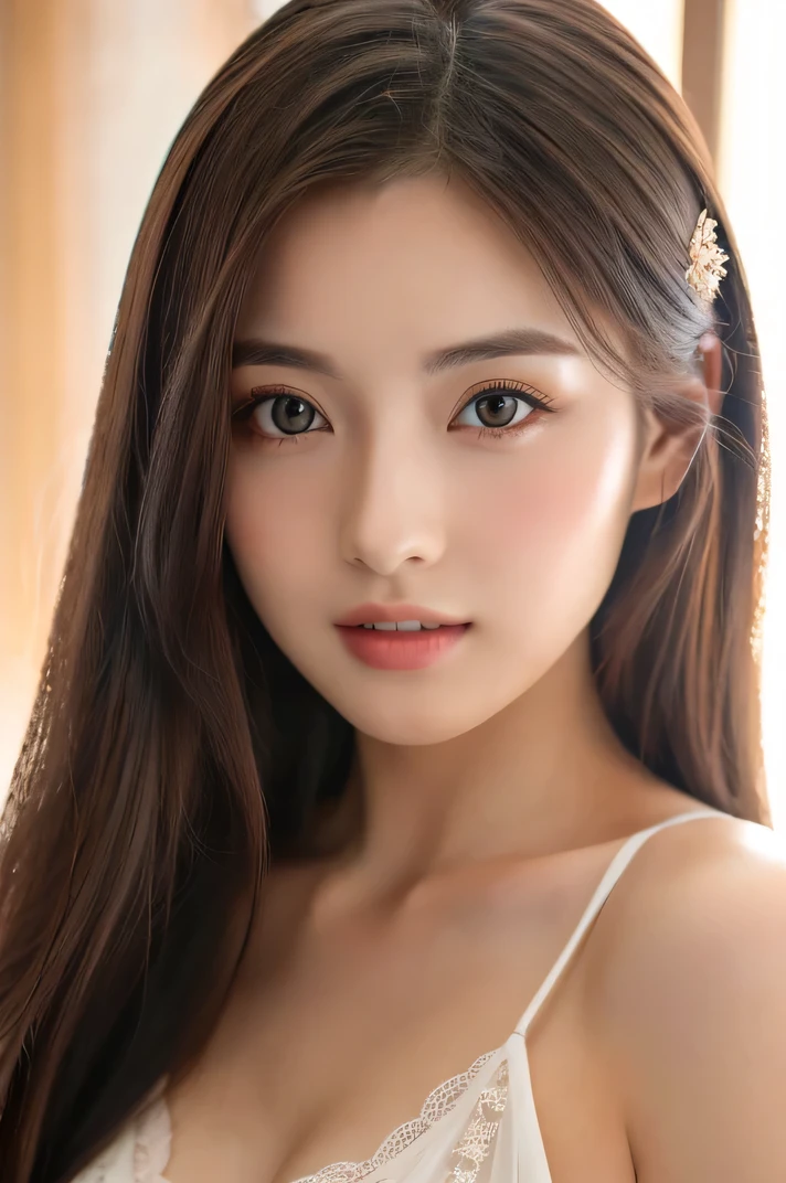 (((8k,Very detailed,Attention to detail、highest quality,masterpiece,Attention to detail))),RAW Photos & Realistic atmosphere,Professional Lighting,Beautiful dark eyes,Glossy lips,beautiful黒い Eyes,White skin、Deep black eyes,とてもBeautiful face,とてもBeautiful face、Beautiful face,beautiful, Glossy lips,beautiful Eyebrows,Realistic Skin, Realistic Young Gravure Idol,Very cute woman , Young Gravure Idol, Young Gravure Idol, とても美しくてかわいいbeautiful 21 year old beauty,Incredibly beautiful and elegant,beautiful 21 year old beauty,Natural soft light,(Shiny Hair,,beautiful and kind eyes:1.5),Gentle features,Shapely breasts,Long Hair,beautiful posture,No makeup,Looking into the camera,Japanese women,
