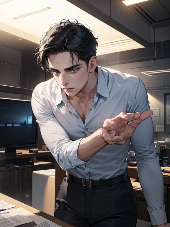 (best quality, masterpiece, 8K, photorealistic, cinematic lighting, hdr image, ultra detailed, beautiful image), 1 man, 31 years old, mature man, very handsome, (without expression, serious), short black hair, blue eyes ( penetrating gaze), imposing posture, businessman, office background