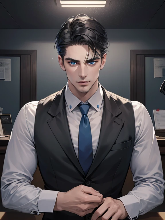 (best quality, masterpiece, 8K, photorealistic, cinematic lighting, hdr image, ultra detailed, beautiful image), 1 man, 31 years old, mature man, very handsome, (without expression, serious), short black hair, blue eyes ( penetrating gaze), imposing posture, businessman, office background