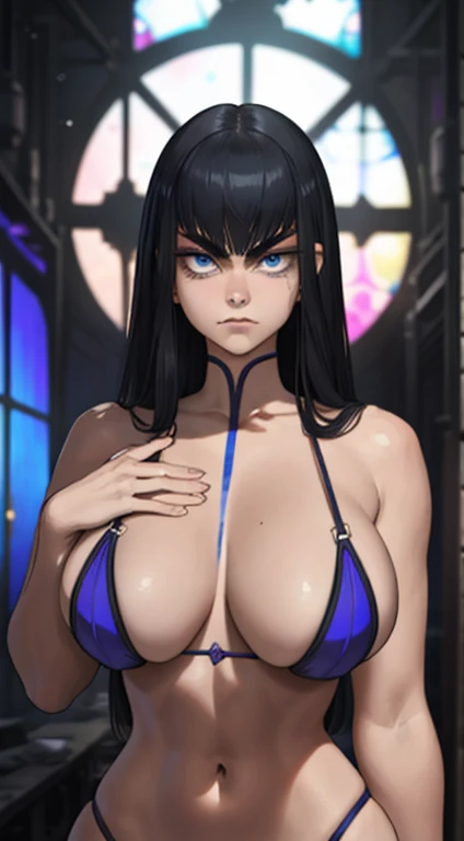(masterpiece, highest quality, best quality, official art, beautiful and aesthetic: 1.2), (1girl), extremely detailed, (fractal art: 1.3), colorful, highest detailed, black hair, perfect face, upper body, HDR, bright colors, hellsing, seras, standing, breast focus, breasts, huge breasts, bare breasts, boob window, sexy, wide hips, thick figure, Detailed blue eyes, Detailed face, Detailed eyes, perfect face, perfect eyes, sexy clothing, skimpy, breast window, annoyed, frustrated 