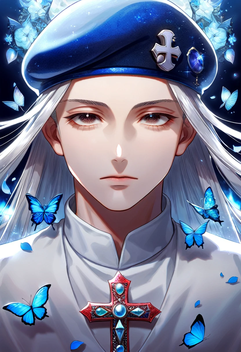 Ultra detailed, Highres, absurdres, HDR, Kite, white long hair, without bangs, expressive brown eyes, white long shirt, blue beret, Hunter X Hunter, blue flowers, petals, handsome, man, solo, very detailed eyes and face, glittering small blue butterflies, master piece, glittering, fantasy, cross, blue background, blue fire,