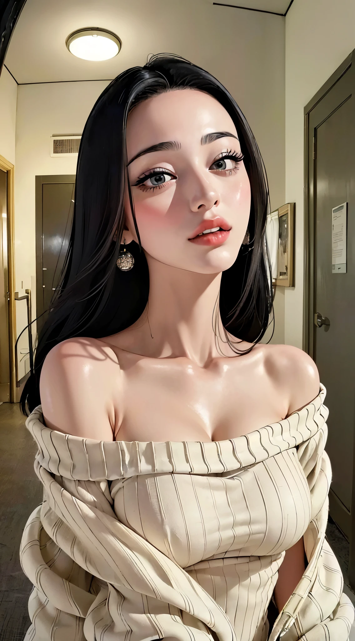 (((Highly detailed CG unit 8k wallpaper:1.2, masterpiece、masterpiece, High resolution:1.2, highest quality:1.2, Tabletop))), ((Very beautiful woman, Off Shoulder Knit Sweater Dress:1.3、 Beautiful body line:1.6)), ((Highly detailed face, Highly detailed black eyes, Highly detailed body, highest qualityのリアルテクスチャースキン)), (Black-haired:1.2, Long-haired person, White skin, Open your mouth、Blowjob gestures:1.5, Bewitching Smile、Glossy oil skin), ((As if peering into a screen、Apartment hallway:1.2)), (Outdoor、Corridor outside the apartment、Dim lighting:1.5, night:1.5, High Angle:1.3, close, Fisheye Lens:1.5),Surreal, Digital Paint,