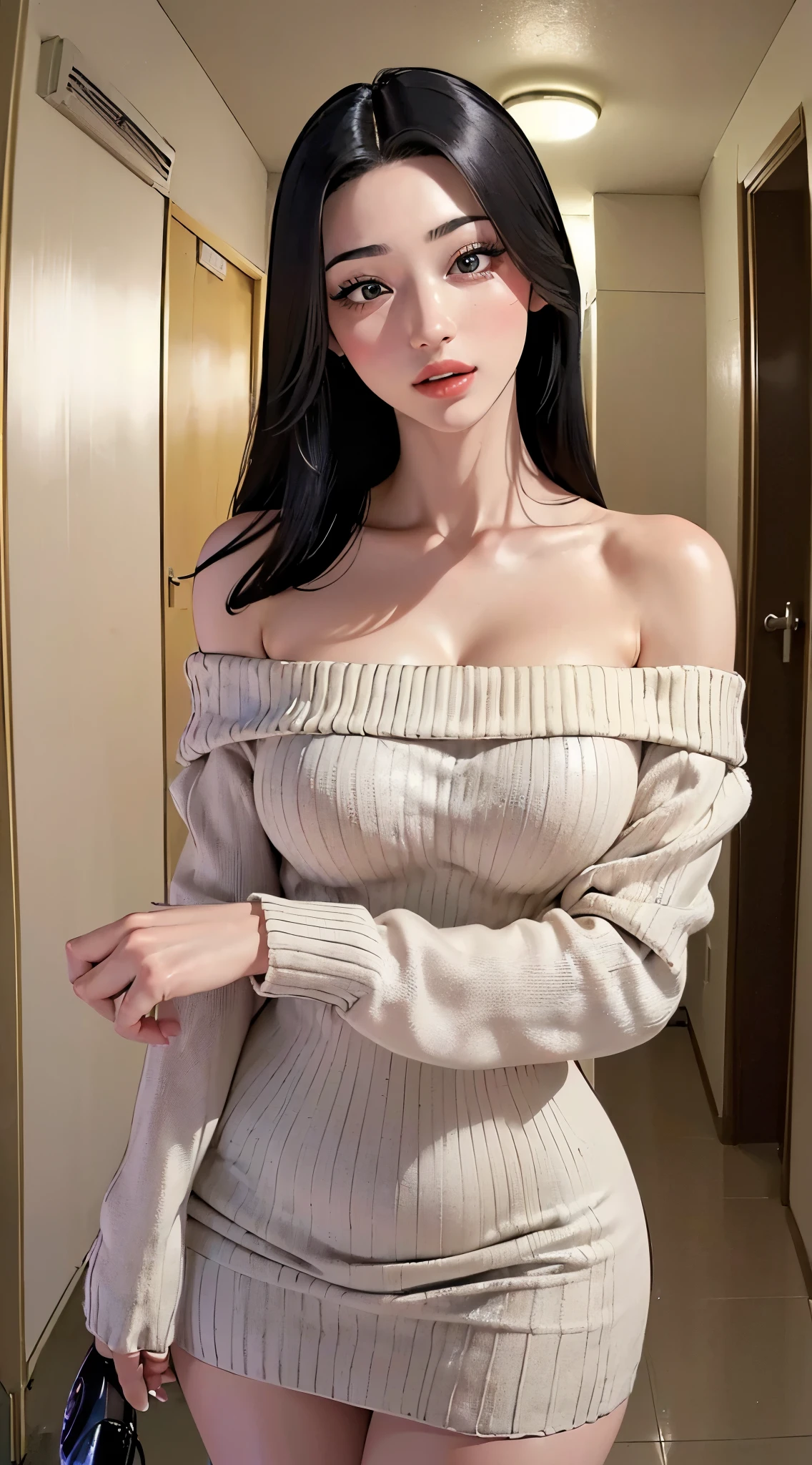 (((Highly detailed CG unit 8k wallpaper:1.2, masterpiece、masterpiece, High resolution:1.2, highest quality:1.2, Tabletop))), ((Very beautiful woman, Off Shoulder Knit Sweater Dress:1.3、 Beautiful body line:1.6)), ((Highly detailed face, Highly detailed black eyes, Highly detailed body, highest qualityのリアルテクスチャースキン)), (Black-haired:1.2, Long-haired person, White skin, Open your mouth、Blowjob gestures:1.5, Bewitching Smile、Glossy oil skin), ((As if peering into a screen、Apartment hallway:1.2)), (Outdoor、Corridor outside the apartment、Dim lighting:1.5, night:1.5, High Angle:1.3, close, Fisheye Lens:1.5),Surreal, Digital Paint,