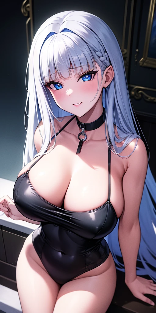 ((obra maestra)), ((mejor calidad)), (ultra detallado), ((extremadamente detallado)), 4k, (8K), mejor calidad, (Hermoso), estilo animado, mirar hacia arriba desde abajo, bar, noche, a pretty girl, 1 chica, solo, traje, Hermoso rainbow hair, Hermoso blue eyes, ((Hermoso eyes)), De piel blanca, pendientes, collar, sonrisa