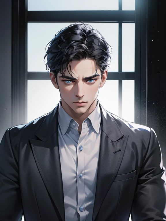 (best quality, masterpiece, 8K, photorealistic, cinematic lighting, hdr image, ultra detailed, beautiful image), 1 man, 31 years old, mature man, very handsome, (without expression, serious), short black hair, blue eyes ( penetrating gaze), imposing posture, businessman, office background