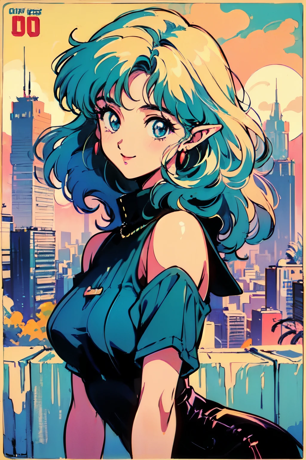 (80's, retro, city pop poster:1.5), (album cover), Elf princess girl, wearing urban clothes, (masterpiece, best quality), (anime, illustration), (pastel colors:1.4), 
best photo pose, dynamic angle,
girl, alone, smile, eyes with perfect details, delicate face, blue eyes,
high fashion,