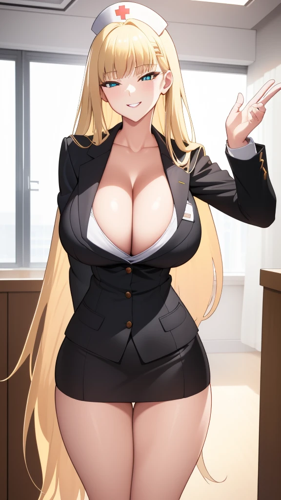 (best quality:1.5, highres, UHD, 4K, detailed lighting, shaders, perfect hand anatomy), blonde straight hair, , nurse outfit, cleavghs, smiling, pov, close shot, standing, hospital background