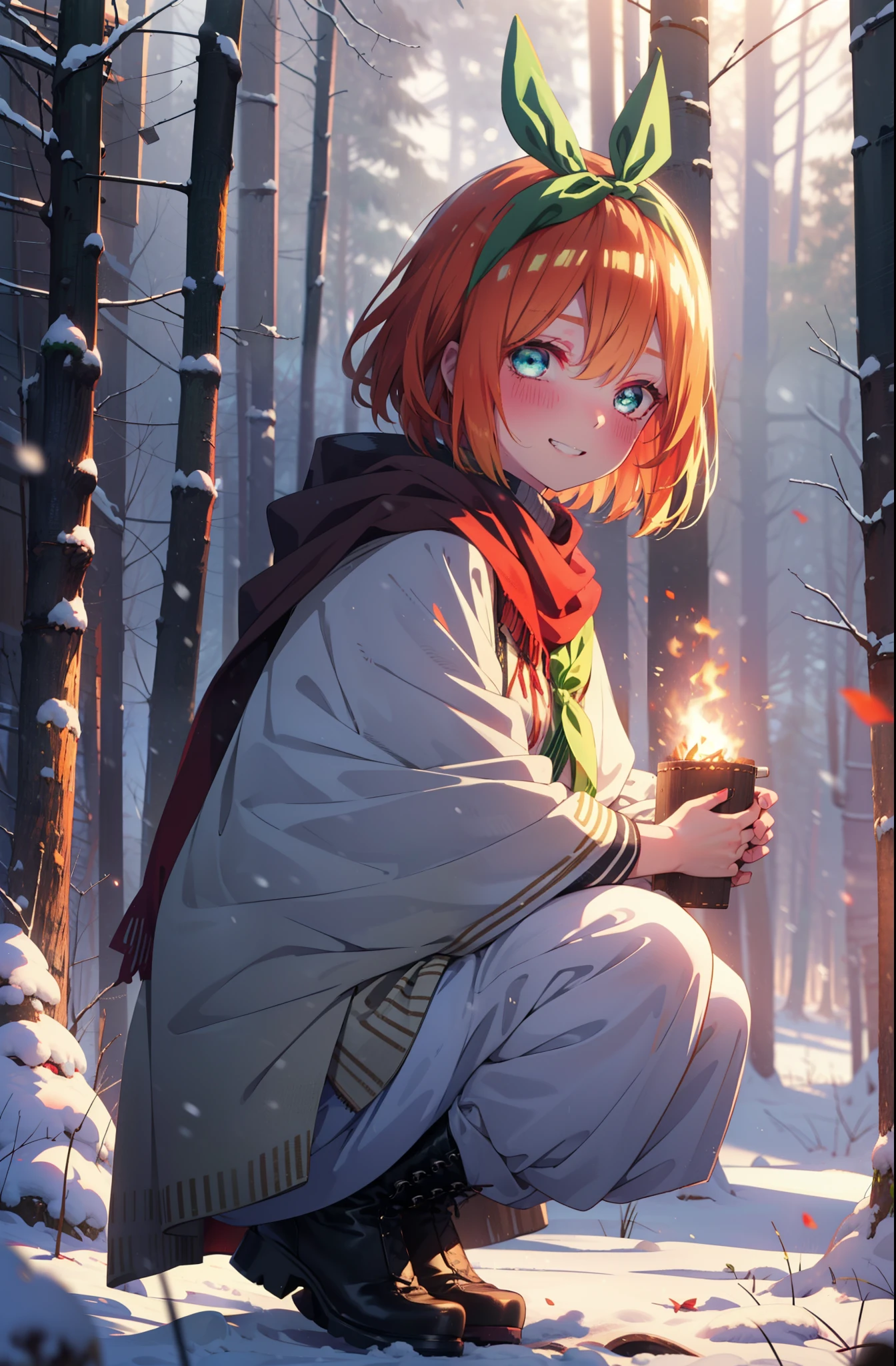 yotsubanakano, yotsuba nakano, bangs, short hair, blue eyes, Hair between the eyes, Hair Ribbon, hair band, Orange Hair, (Green ribbon:1.5), smile, Grin,smile,blush,White Breath,
Open your mouth,snow,Ground bonfire, Outdoor, boots, snowing, From the side, wood, suitcase, Cape, Blurred, Increase your meals, forest, White handbag, nature,  Squat, Mouth closed, フードed Cape, winter, Written boundary depth, Black shoes, red Cape break looking at viewer, Upper Body, whole body, break Outdoor, forest, nature, break (masterpiece:1.2), highest quality, High resolution, unity 8k wallpaper, (shape:0.8), (Beautiful and beautiful eyes:1.6), Highly detailed face, Perfect lighting, Extremely detailed CG, (Perfect hands, Perfect Anatomy),