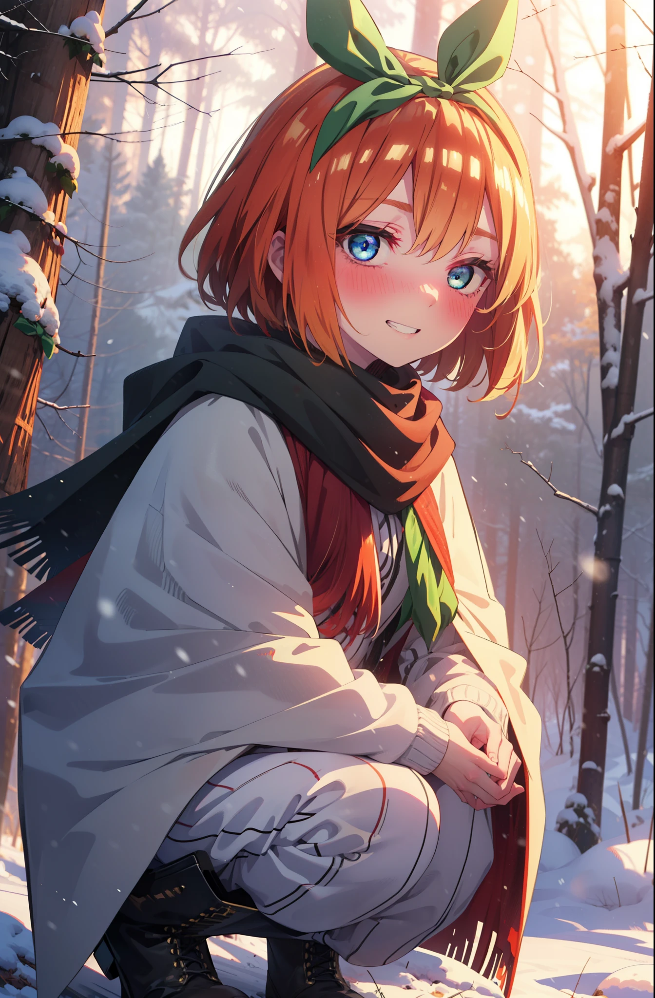 yotsubanakano, yotsuba nakano, bangs, short hair, blue eyes, Hair between the eyes, Hair Ribbon, hair band, Orange Hair, (Green ribbon:1.5), smile, Grin,smile,blush,White Breath,
Open your mouth,snow,Ground bonfire, Outdoor, boots, snowing, From the side, wood, suitcase, Cape, Blurred, Increase your meals, forest, White handbag, nature,  Squat, Mouth closed, フードed Cape, winter, Written boundary depth, Black shoes, red Cape break looking at viewer, Upper Body, whole body, break Outdoor, forest, nature, break (masterpiece:1.2), highest quality, High resolution, unity 8k wallpaper, (shape:0.8), (Beautiful and beautiful eyes:1.6), Highly detailed face, Perfect lighting, Extremely detailed CG, (Perfect hands, Perfect Anatomy),