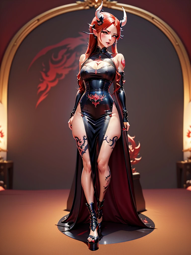 honkai impact, herrscher of thunder, very long hair, full body, red hair, full body tattoo, demon Horn, long tail demon.