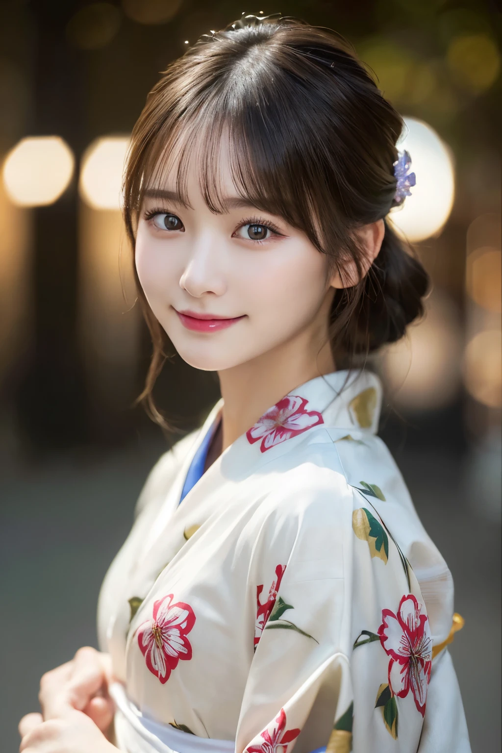 （kimono）、(highest quality、8k、High resolution、masterpiece:1.2)、Very detailed、(Realistic、photoRealistic、photo-Realistic:1.3)、Bokeh、Portraiture、Smile、(Detailed eyes、beautiful girl、Young face、Detailed face、No makeup)、Slightly backlit、Professional Lighting、Caustics