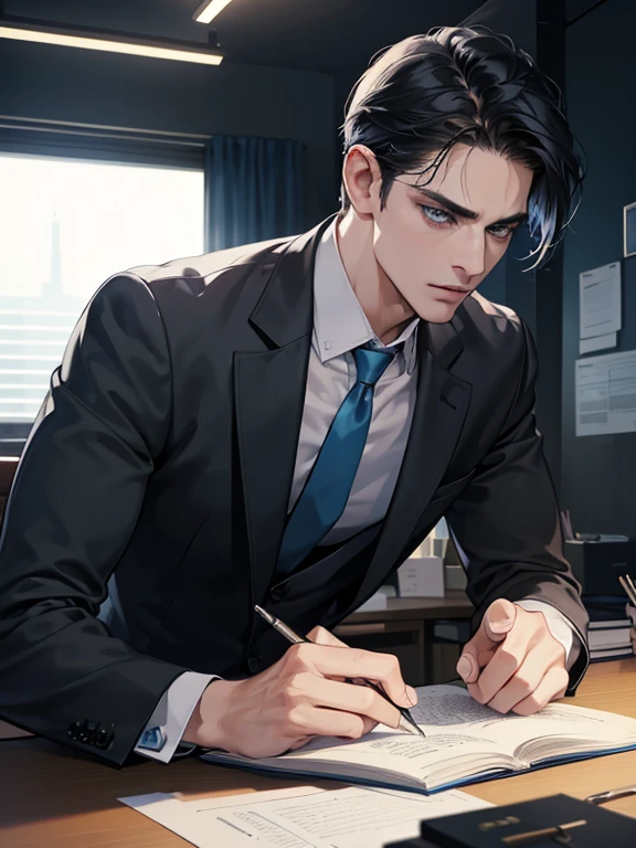 (best quality, masterpiece, 8K, photorealistic, cinematic lighting, hdr image, ultra detailed, beautiful image), 1 man, 31 years old, mature man, very handsome, (without expression, serious), short black hair, blue eyes ( penetrating gaze), imposing posture, businessman, office background