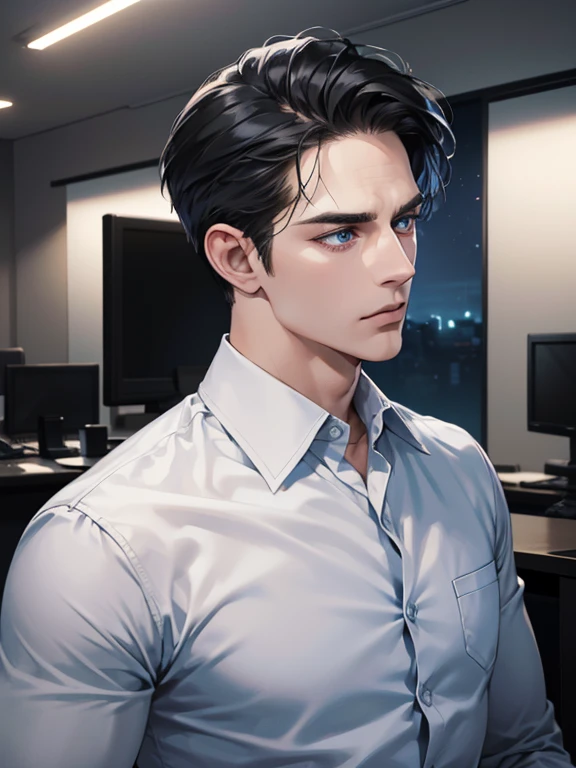(best quality, masterpiece, 8K, photorealistic, cinematic lighting, hdr image, ultra detailed, beautiful image), 1 man, 31 years old, mature man, very handsome, (without expression, serious), short black hair, blue eyes ( penetrating gaze), imposing posture, businessman, office background