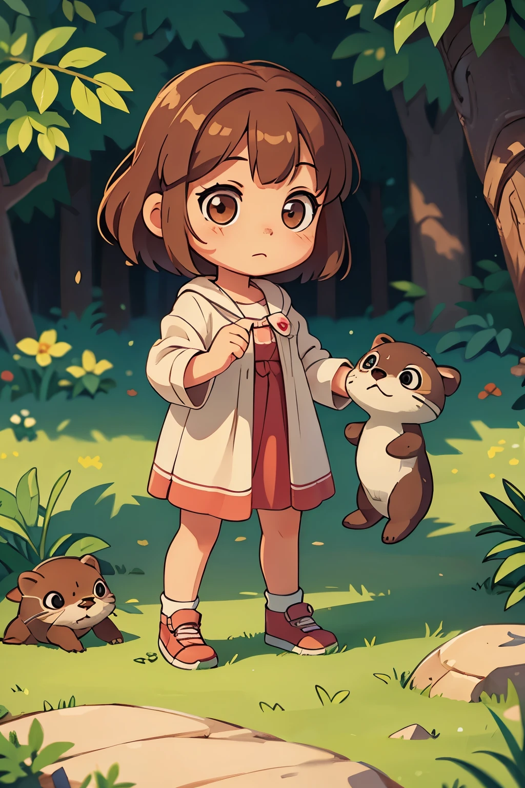 Photorealistic、Chibi Girl Doll(Playing with an otter)
