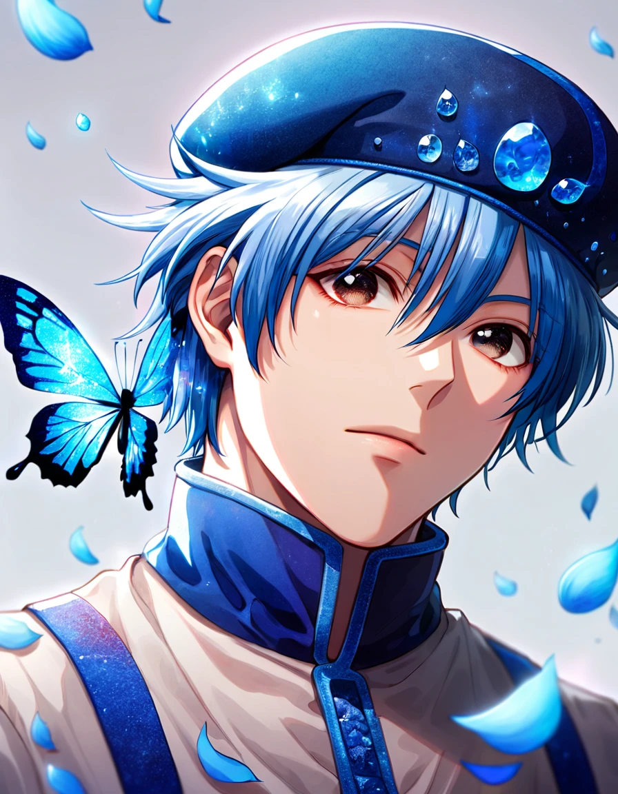 Ultra detailed, Highres, absurdres, HDR, Kaito, white long hair, without bangs, expressive brown eyes, white long shirt, blue beret, Hunter X Hunter, blue flowers, petals, handsome, man, solo, very detailed eyes and face, glittering small blue butterflies, master piece, glittering, fantasy, cross, blue background, blue fire, blue flames, radiant