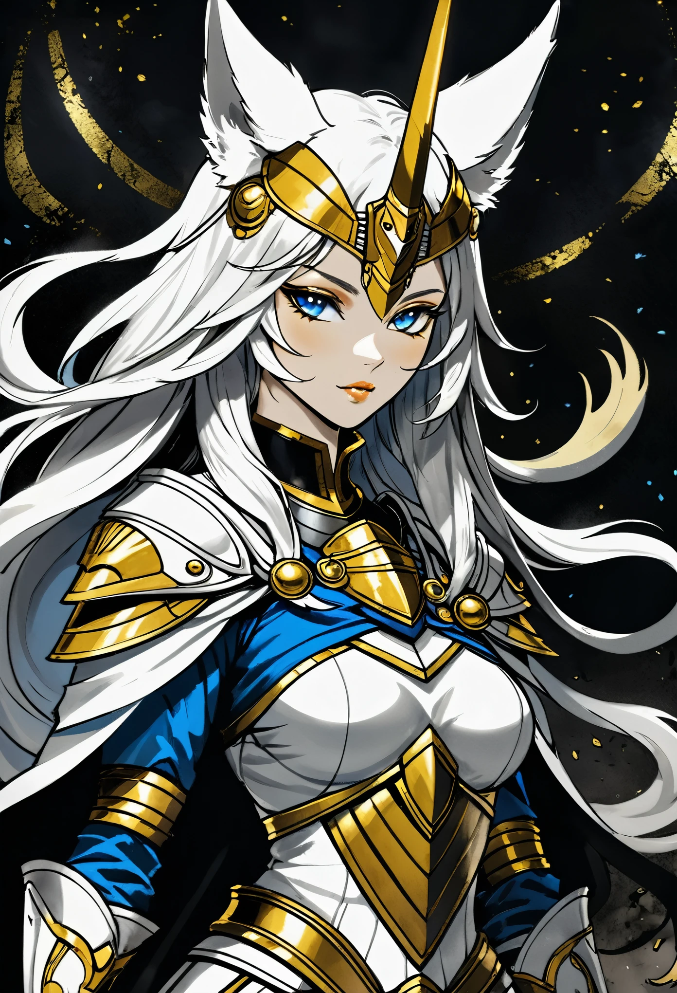 There is a piece of digital art, This painting depicts a warrior WOLF queen with a golden head and horns., Film Still,unfinished, hatching (texture),black battlefield background,natural lighting,white skin,brown fur, Dark atmosphere,Full body portrait of dragoon, Mysterious Anubis and Valkyrie, Super detailed fantasy characters, Robot wolf portrait, Balanced coloring of black, white and blue,Sleipnir's photo, ghost of anubis, 4K details fantasy, Polaroid Counting Trends, zbrush contest winner, Draw with zbrush, zbrush central contest winner, warrior, (The whole body is covered with blood:1.2)
