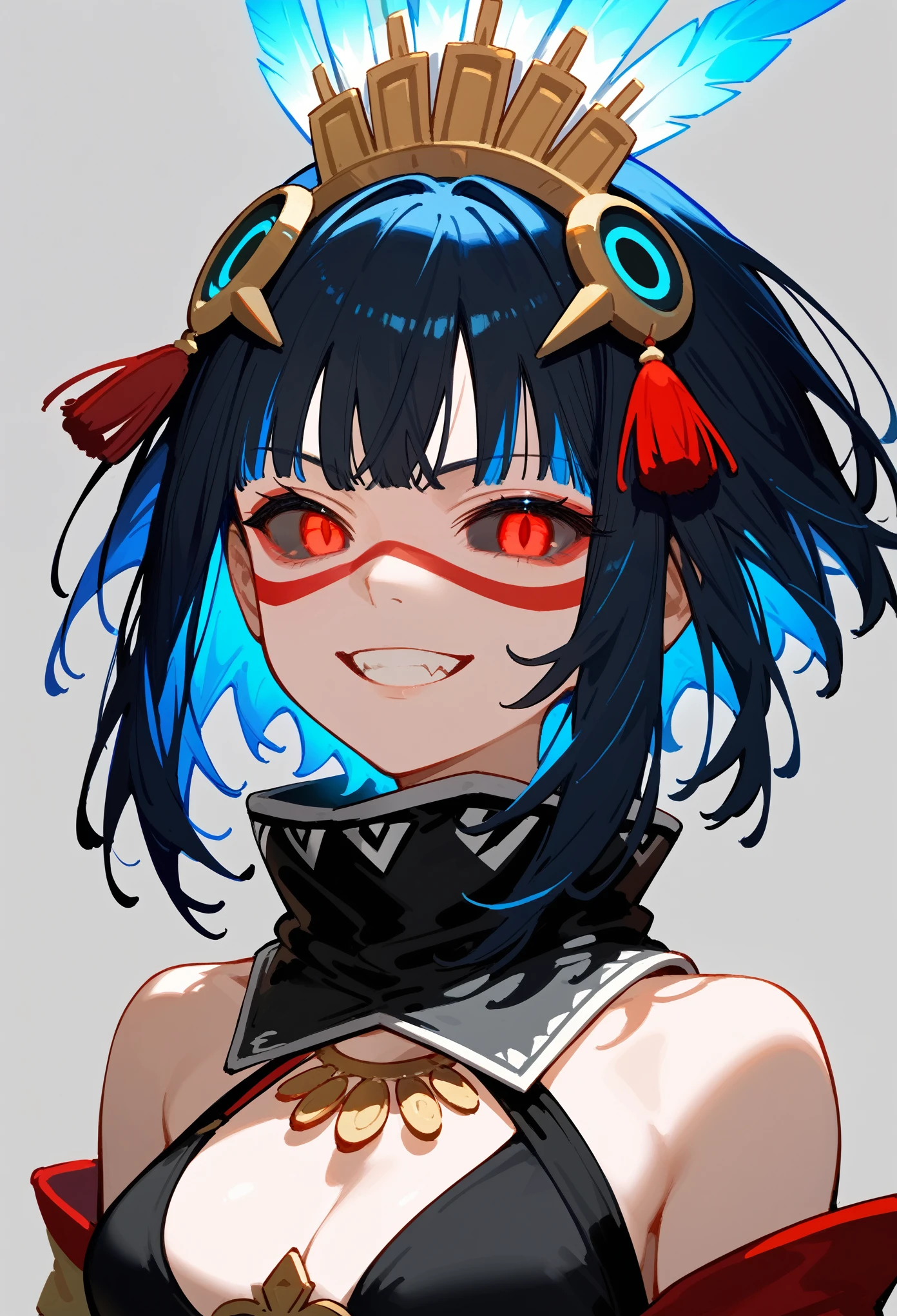 (score_9, score_8_up, score_7_up, style_1), upper body, 1girl, solo, black sclera, red eyes, glowing eyes, split pupils, short hair, black hair, sidelocks, inner blue hair, blood on hands, eyeliner, feathers, headdress, facepaint, jewelry, bracer, tassel, high collar, detached collar, sash, halterneck, cleavage, bare shoulders, distorted grin, evil grin, upper body, fang, black lightning aura surrounding her,  gray background, simple background, masterpiece, 