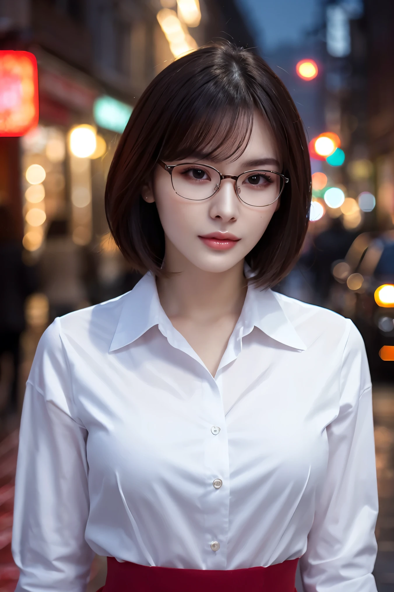 (highest quality、Tabletop、8k、Best image quality、Award-winning works)、One beautiful woman、Age 25、Perfect beautiful composition、(Very short straight hair:1.1)、(Classy glasses:1.1)、Cleavage、A big bust that seems to burst、Accentuate your body lines、(Perfect and precise white polyester shirt:1.3)、look at me、Perfect Makeup、Fascinating、Overflowing with sexiness、Lustrous and bright lips、Accurate anatomy、(Face close-up:1.3)、look at me、(The most atmospheric lighting:1.1)、(Moody and romantic atmosphere blurred red light district street background:1.2)、Perfect Makeup、Ultra-high definition beauty face、Ultra HD Hair、Ultra-high definition moisturizing eyes、(Ultra High Resolution Perfect Teeth:1.1)、(Ultra-high resolution glossy skin:1.1)、Ultra-high quality glossy lips