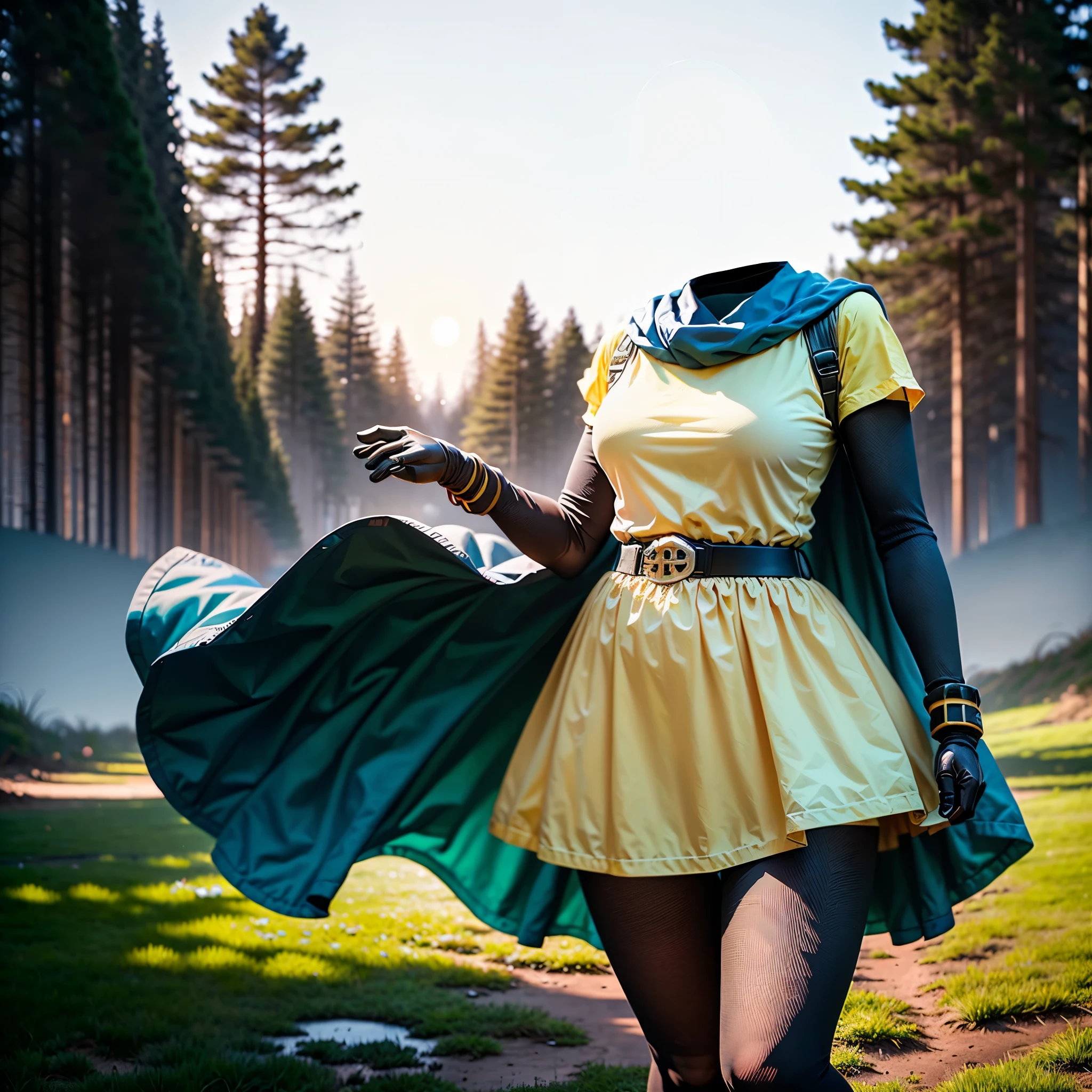 grass field, Alena, cape, yellow dress, short sleeves, belt, gloves,  skirt, black pantyhose, fat, cute big breasts, (invisible, no human, headless, handless:1.5), (8k, RAW photo, best quality, masterpiece:1.2), (realistic, photo-realistic:1.37), photon mapping, radiosity, ((Hasselblad photography)), physically-based rendering