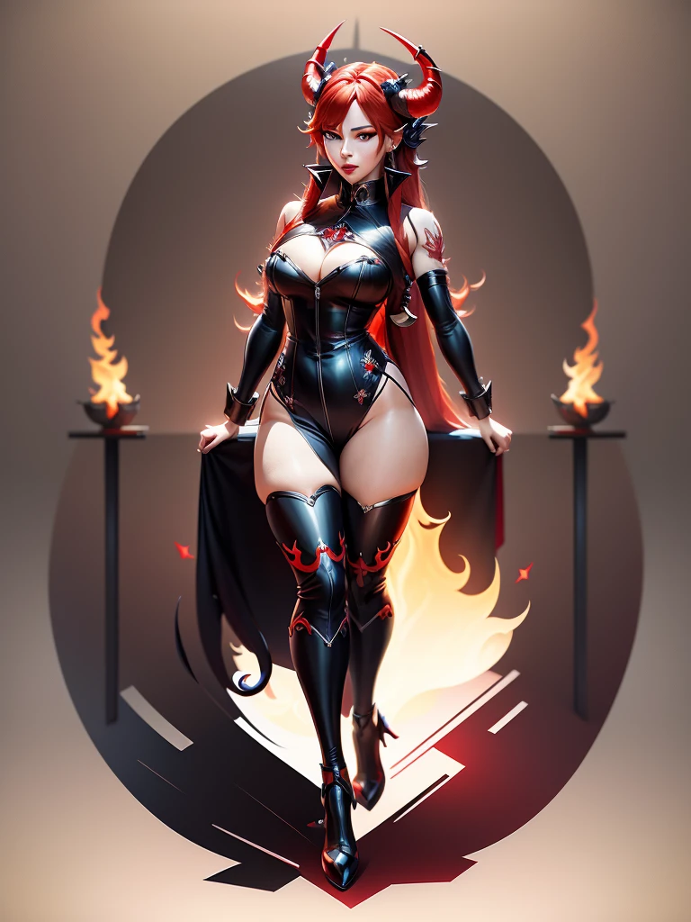 honkai impact, herrscher of thunder, very long hair, full body, red hair, full body tattoo, demon Horn, long tail demon.