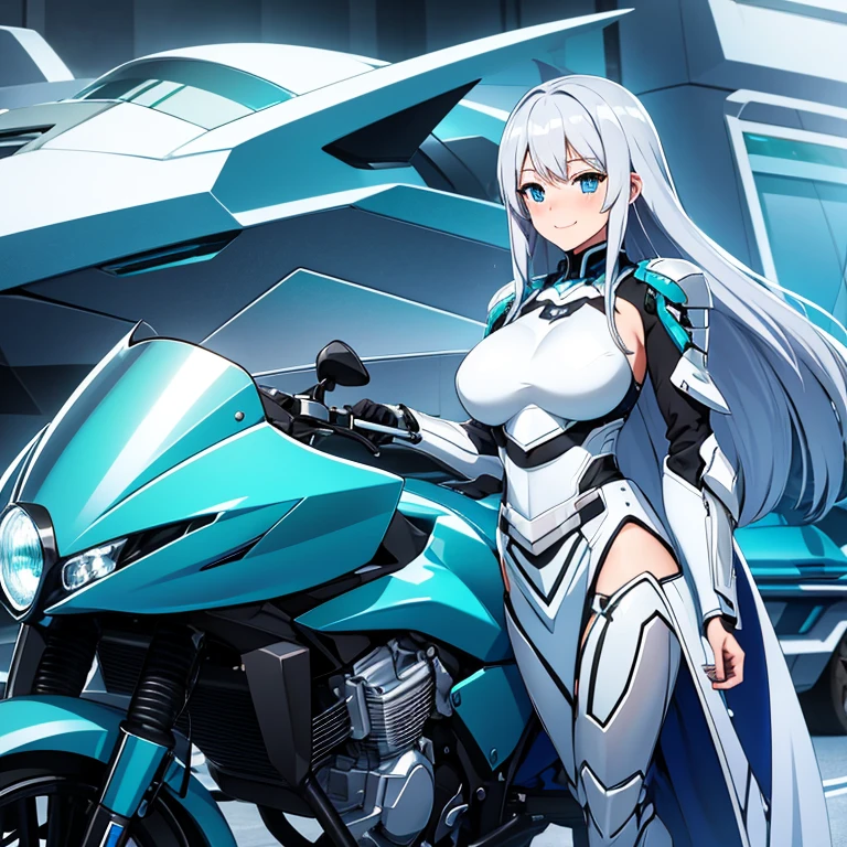 Beautiful woman smiling, blushing, silver hair, long hair, blue eyes, large breasts, silver and teal armour, on a futuristic motorcycle, blue and black motorcycle