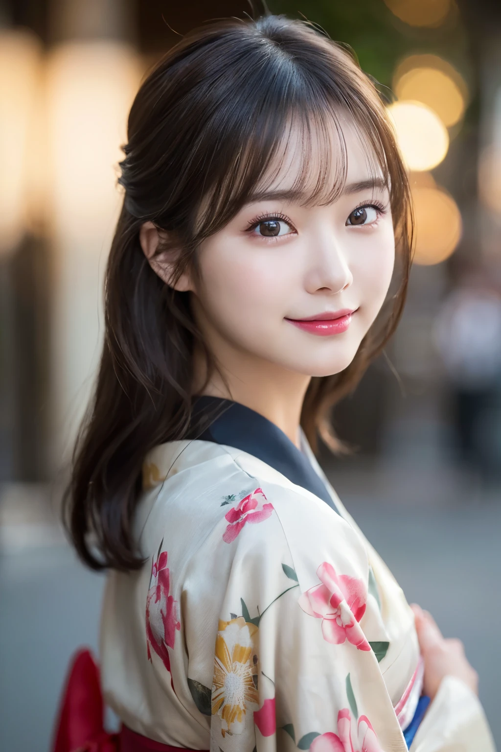 （kimono）、(highest quality、8k、High resolution、masterpiece:1.2)、Very detailed、(Realistic、photoRealistic、photo-Realistic:1.3)、Bokeh、Portraiture、Smile、(Detailed eyes、beautiful girl、Young face、Detailed face、No makeup)、Slightly backlit、Professional Lighting、Caustics