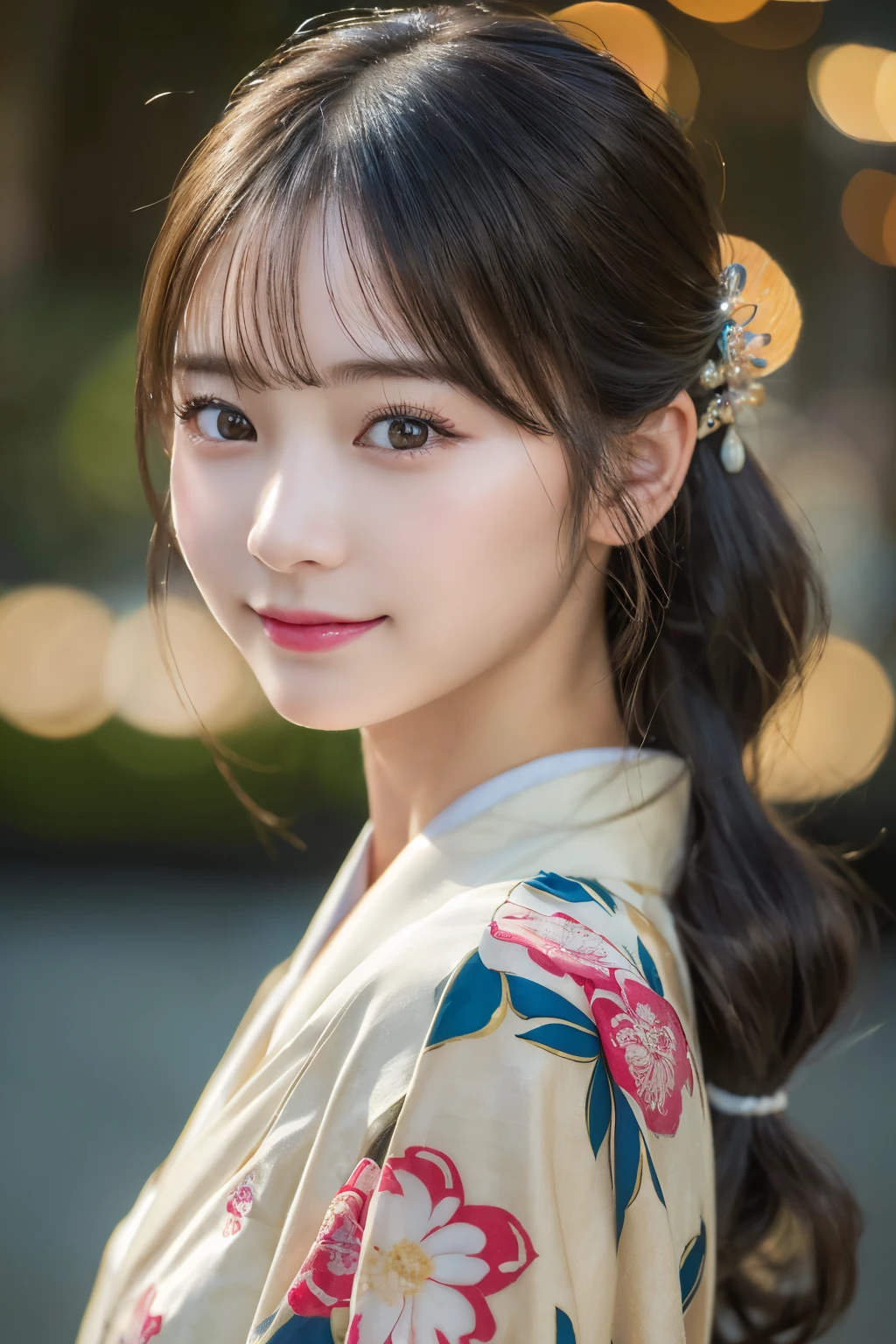 (kimono)、(highest quality、8k、High resolution、masterpiece:1.2)、Very detailed、(Realistic、photoRealistic、photo-Realistic:1.3)、Bokeh、Portraiture、Smile、(Detailed eyes、beautiful girl、Young face、Detailed face、No makeup)、Slightly backlit、Professional Lighting、Caustics