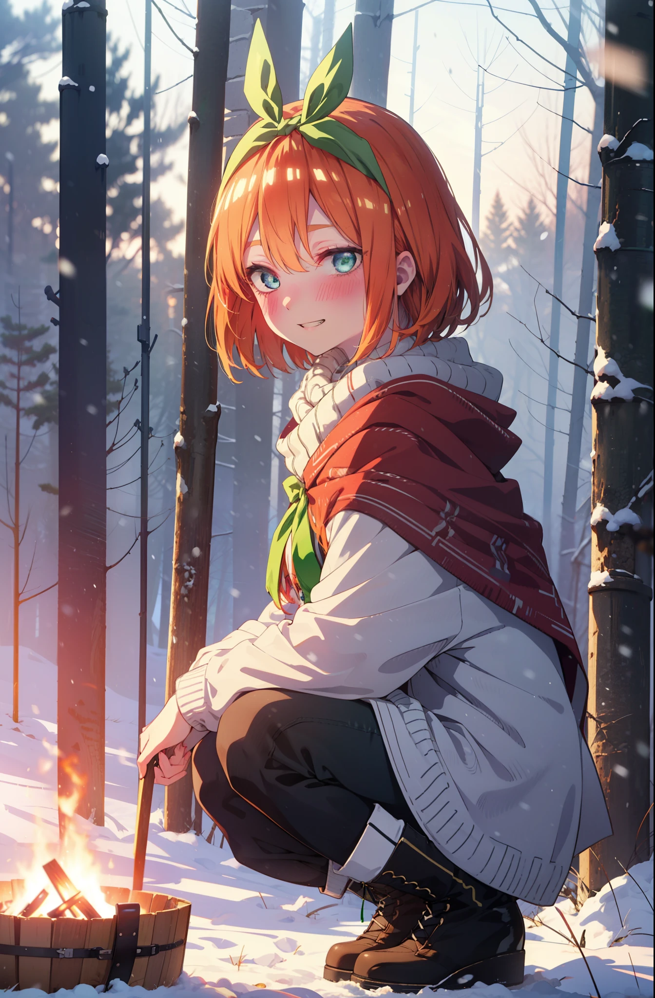 yotsubanakano, yotsuba nakano, bangs, short hair, blue eyes, Hair between the eyes, Hair Ribbon, hair band, Orange Hair, (Green ribbon:1.5), smile, Grin,smile,blush,White Breath,
Open your mouth,snow,Ground bonfire, Outdoor, boots, snowing, From the side, wood, suitcase, Cape, Blurred, Increase your meals, forest, White handbag, nature,  Squat, Mouth closed, フードed Cape, winter, Written boundary depth, Black shoes, red Cape break looking at viewer, Upper Body, whole body, break Outdoor, forest, nature, break (masterpiece:1.2), highest quality, High resolution, unity 8k wallpaper, (shape:0.8), (Beautiful and beautiful eyes:1.6), Highly detailed face, Perfect lighting, Extremely detailed CG, (Perfect hands, Perfect Anatomy),