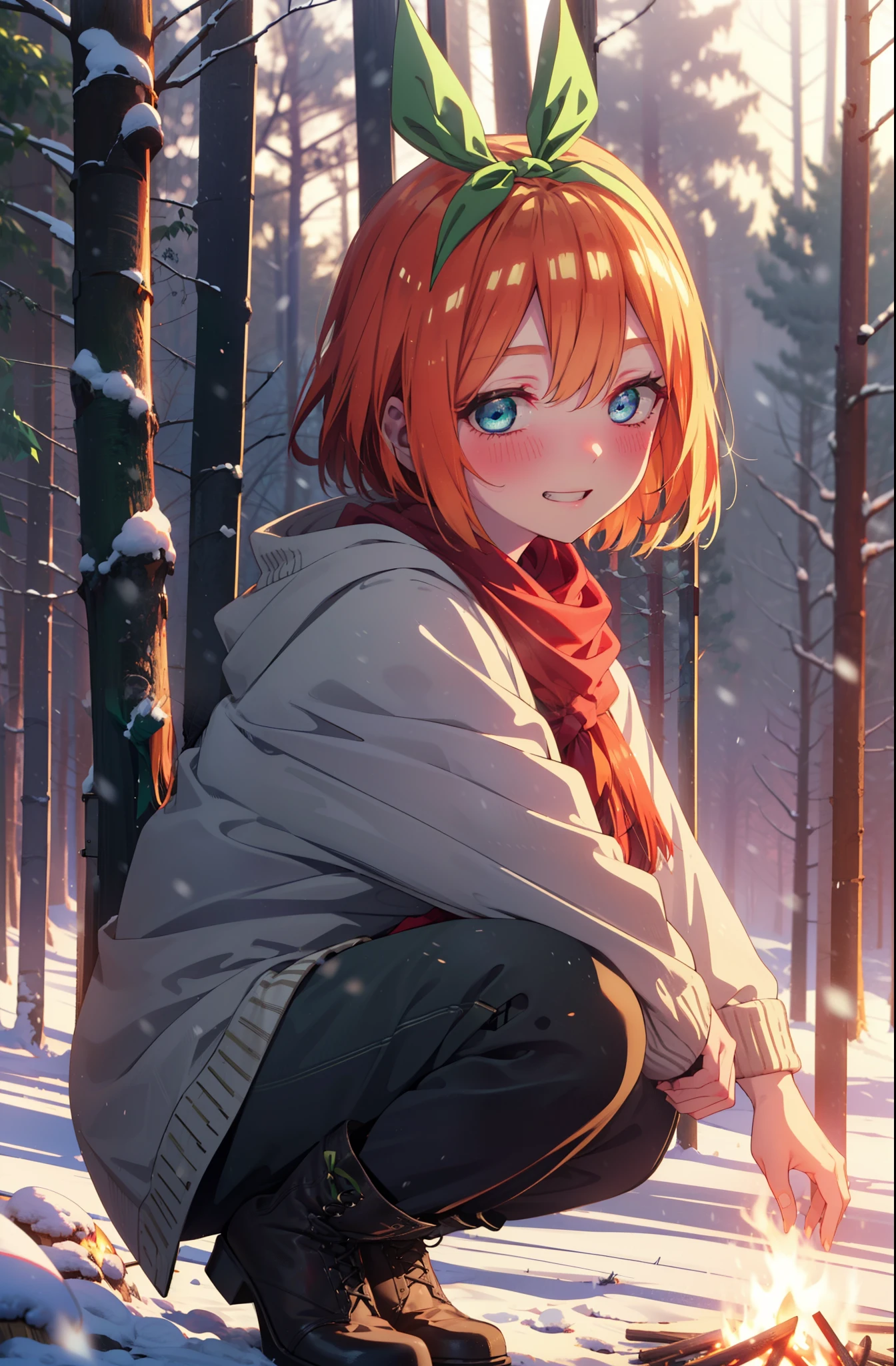 yotsubanakano, yotsuba nakano, bangs, short hair, blue eyes, Hair between the eyes, Hair Ribbon, hair band, Orange Hair, (Green ribbon:1.5), smile, Grin,smile,blush,White Breath,
Open your mouth,snow,Ground bonfire, Outdoor, boots, snowing, From the side, wood, suitcase, Cape, Blurred, Increase your meals, forest, White handbag, nature,  Squat, Mouth closed, フードed Cape, winter, Written boundary depth, Black shoes, red Cape break looking at viewer, Upper Body, whole body, break Outdoor, forest, nature, break (masterpiece:1.2), highest quality, High resolution, unity 8k wallpaper, (shape:0.8), (Beautiful and beautiful eyes:1.6), Highly detailed face, Perfect lighting, Extremely detailed CG, (Perfect hands, Perfect Anatomy),