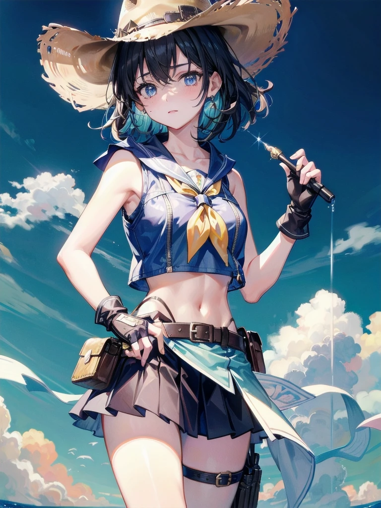 goggles, cowgirl costume, vest, cowboy hat, fingerless gloves, midriff, neckerchief, short skirt, holster, absurdres, RAW photo, extremely delicate and beautiful, masterpiece, Best Quality, ultra high resolution, 32k, hyperrealistic, ultra-detailed, perfect figure, tearful mole, earring, whole body shot, short medium hair, wavy hair,