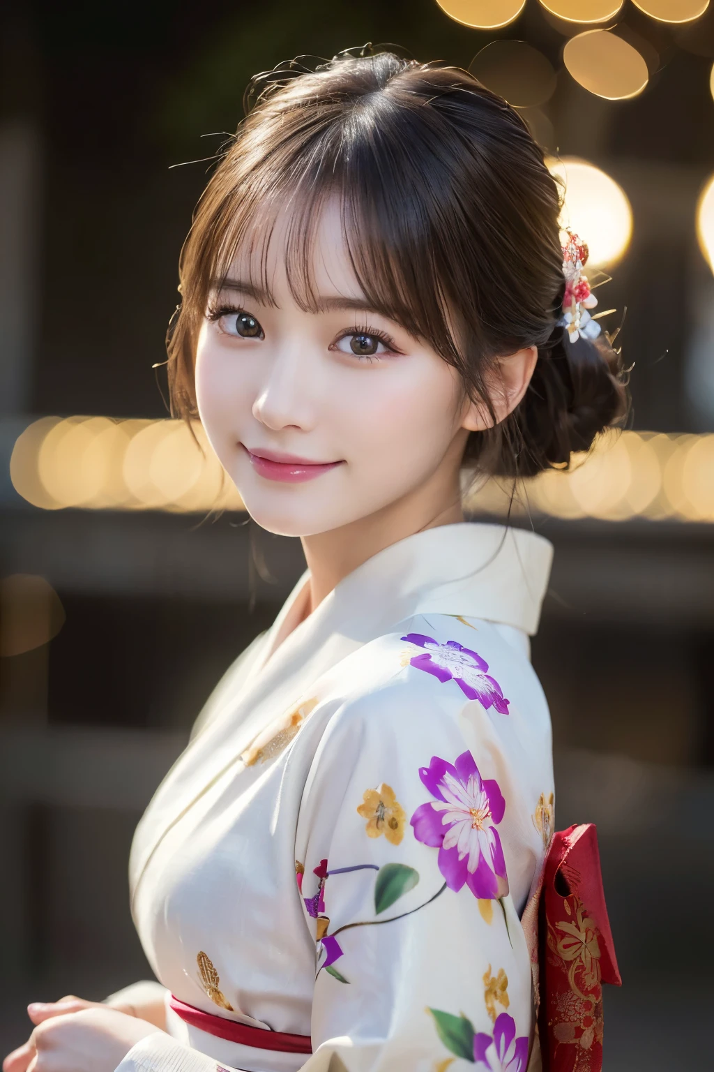 （kimono）、(highest quality、8k、High resolution、masterpiece:1.2)、Very detailed、(Realistic、photoRealistic、photo-Realistic:1.3)、Bokeh、Portraiture、Smile、(Detailed eyes、beautiful girl、Young face、Detailed face、No makeup)、Slightly backlit、Professional Lighting、Caustics