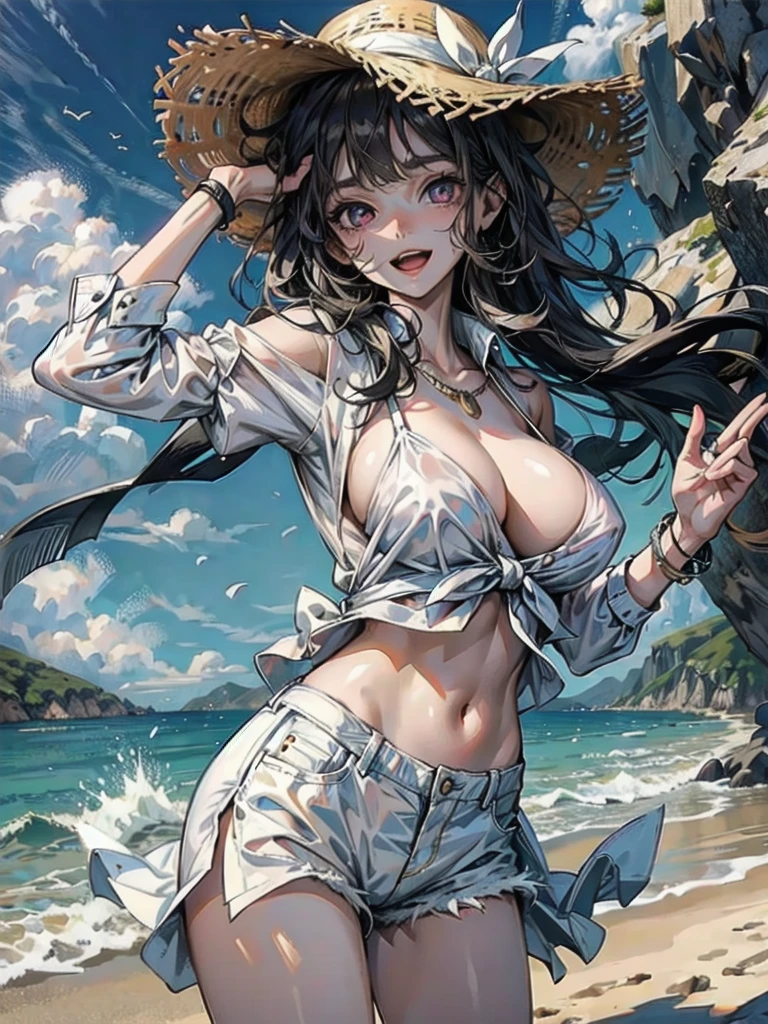 (masterpiece, best quality), 1girl, standing, cowboy shot, bent over, reaching arms, waving hands, splashing, spread legs, BREAK girl, 15 yo, (:1.5), (huge breasts:1.1), black hair, (medium hair:1.2), (curly hair:0.9), blunt bangs, pink eyes, ultra detailed eyes,(tareme:1.1), smile,open mouth, BREAK casual, (blouse, white shirt, buttoned shirt), bare shoulders, collarbone,puffy sleeves, short sleeves, gathers, frills, midriff, navel,underboob, denim shorts, straw hat BREAK outdoors, beach, in sea, summer, spain