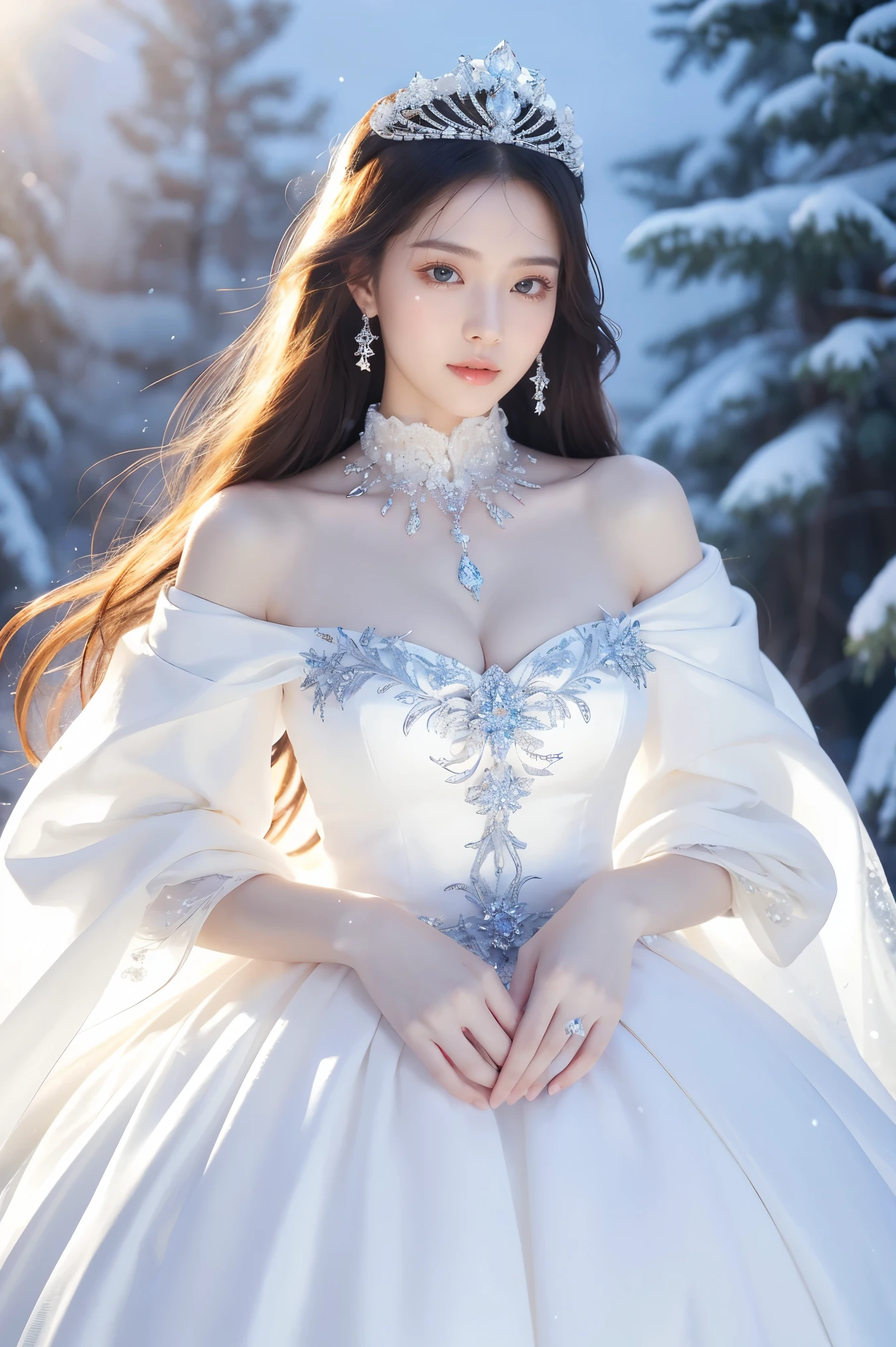 ((highest quality、Tabletop、8k、Best image quality、Extremely intricate and detailed))、The most luxurious and highest quality giant tiara、The most luxurious and highest quality giant necklace、Yukihime、(In the midst of a magnificent and beautiful snowy forest:1.1)、Big and ample breasts、Snow-white skin、Glowing Skin、Dresses that shine in silver、Elegant and beautiful pure white snow dress、Elegant decoration、Diamond Decoration、Artistic decoration、dress with lots of jewels、Extravagance beyond imagination、The most luxurious decoration in the world、Shining Snow、Shining blizzard、Amazing snow scene、Snow like a jewel、Diamond dust、The most realistic and complex backgrounds、Highly detailed and realistic backgrounds、He looks at me coldly and expressionlessly、(Pure white skin:1.1)、Pure white makeup、(Accurate anatomy:1.1)、Above the waist photo、キラキラと微細にShining Snow、Spectacular Cinema Lighting、The most delicate sparkle of snow、Snow covered trees々々、Beautiful trees covered with snow々、(Beautiful and fantastic starry sky:1.2)、Amazing starry sky、Starry sky over snowy mountains、that&#39;it&#39;s snowing、Snowy forest、(There is a beautiful clear pond in the distance.:1.2)、Jade green eyes、(The most fantastic and romantic:1.1)、Blurred Background、Photo portrait