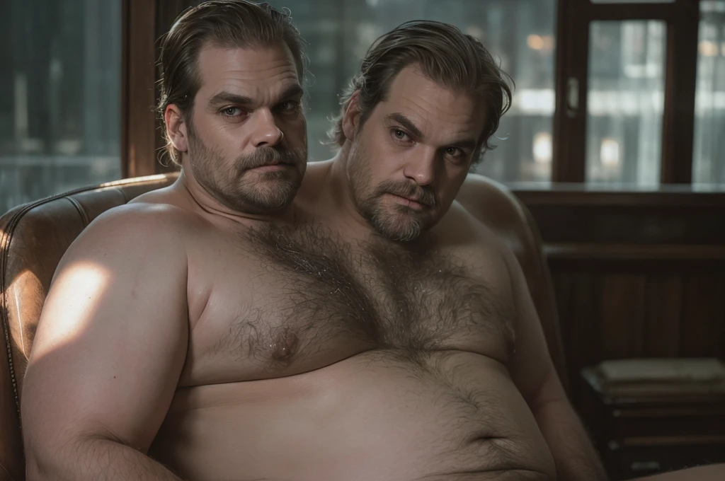 (((two heads on one body))), 1man, ((((david harbour)))), middle aged, short graying hair, ((obese, overweight, fat, chubby, heavy, dadbod)), ((shirtless, boxers)), navel, body hair, dreamy atmosphere, dark cyan and red, i can't believe how beautiful this is, serene atmosphere, epic realistic, soft cinematic light, intricate, highly detailed, (depth of field:1.4), faded, neutral colors, (hdr:1.4), muted colors:1.2, hyperdetailed, cinematic, dramatic light, intricate details, dim room scenery, intricate details, skin texture, detailed expressions, natural pose, sitting in recliner