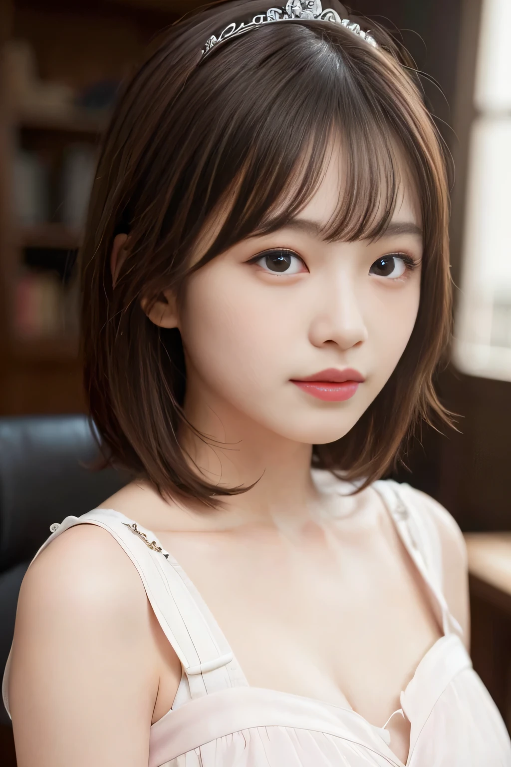 (8k, RAW photo, best quality, masterpiece:1.2), ultra detailed, ultra high res, high-resolution,(realistic, photo realistic:1.4),depth of field, realistic shadow, caustics, natural shading, photon mapping, fine-textured, perfectly focused,
BREAK
cinematic lighting, soft lighting, HDR, SIGMA 24 mm F/2.8, ISO 400, 1/125 sec shutter,an extremely delicate and beautiful, extremely detailed, 8k wallpaper, Amazing, finely detail, huge file size, extremely detailed CG, unity 8k wallpaper, official art, perfect artwork, production art,
BREAK
((Beautiful detailed eyes, Natural Color Lip, Soft white skin that shines with every detail, 18 years old)), 1 girl, solo, blush, princess, japanese idol, full breasts, Large Breasts, Slim Body,
BREAK
short hair, light brown hair, fluffy bob cut,
BREAK
eyebrows visible through hair, open mouth, smile,
BREAK
(pink and white princess dress:1.3), red bow,
BREAK
looking at viewer,
BREAK
from side