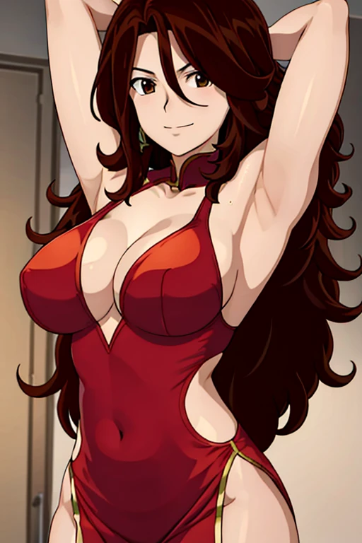 Selfie shot, detailed face, upper body view, detailed body, 4k, Sumergai Lee Noriega, best quality, anime style, hires, highest definition, digital blending, bold drawing lines, ((), (slender body), mature woman, (female wrestler, red chinese dress), cheerful, gorgeous, smile, (closed mouth), (pale skin, shiny skin, lighting and shadow), (cleavage), (clean face), (warming up), closed fists, (brown hair, curly hair, long hair), 27 years old, sexy, armpits, sweaty armpits, cleavage