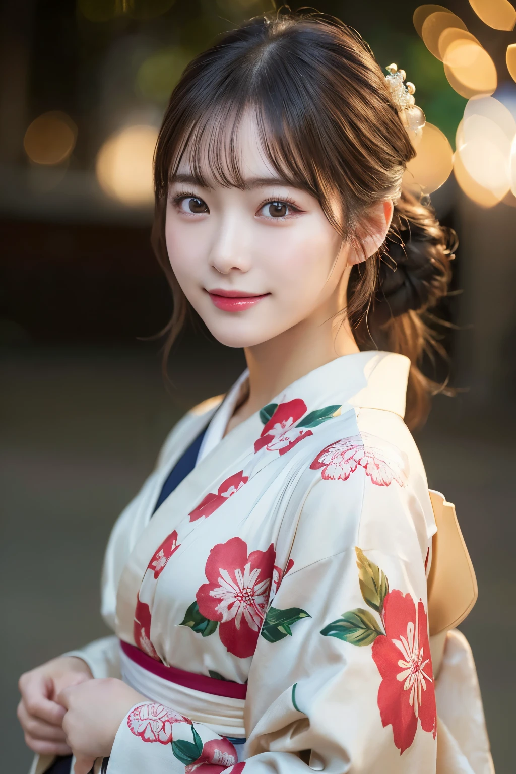 （kimono）、(highest quality、8k、High resolution、masterpiece:1.2)、Very detailed、(Realistic、photoRealistic、photo-Realistic:1.3)、Bokeh、Portraiture、Smile、(Detailed eyes、beautiful girl、Young face、Detailed face、No makeup)、Slightly backlit、Professional Lighting、Caustics