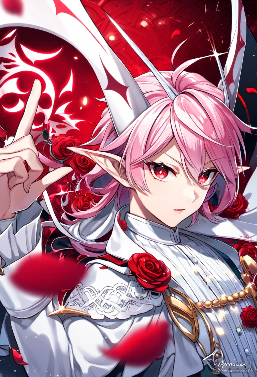 absurdres, highres, ultra detailed, HDR, master piece, best quality, Asmodeus Alice, pink hair, expressive red eyes, Mairimashita! Iruma-kun, solo, sexy man, handsome, demon, slightly pointed ears, white shirt, white cape, patterns, magical, fantasy, red background, red roses, shining, red petals, red glittering fireflies, fire