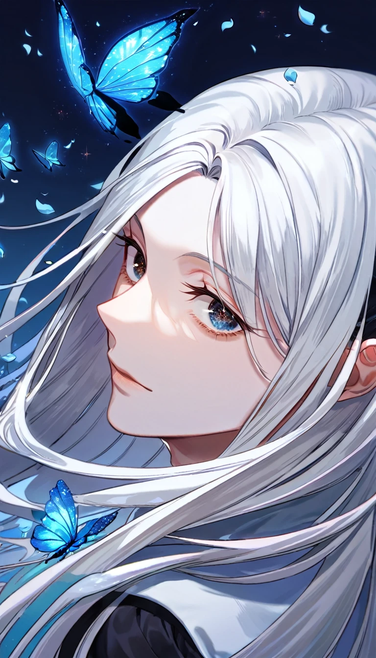 Ultra detailed, Highres, absurdres, HDR, Kite, white long hair, without bangs, expressive brown eyes, white long shirt, blue beret, Hunter X Hunter, blue flowers, petals, handsome, man, solo, very detailed eyes and face, glittering small blue butterflies, master piece, glittering, fantasy, cross, blue background, blue fire, blue flames, radiant, black pants