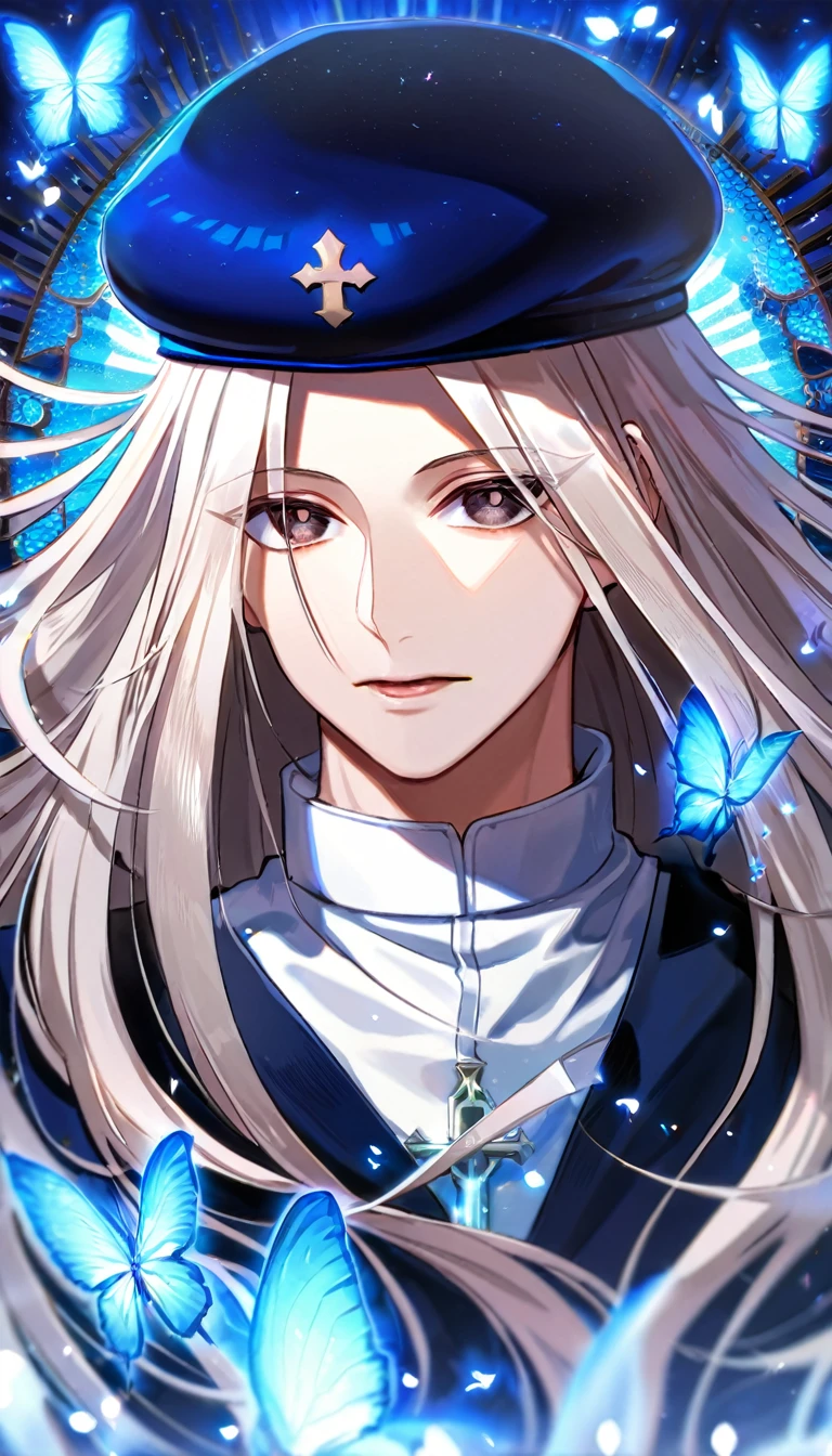 Ultra detailed, Highres, absurdres, HDR, Kite, white long hair, without bangs, expressive brown eyes, white long shirt, blue beret, Hunter X Hunter, blue flowers, petals, handsome, man, solo, very detailed eyes and face, glittering small blue butterflies, master piece, glittering, fantasy, cross, blue background, blue fire, blue flames, radiant, black pants