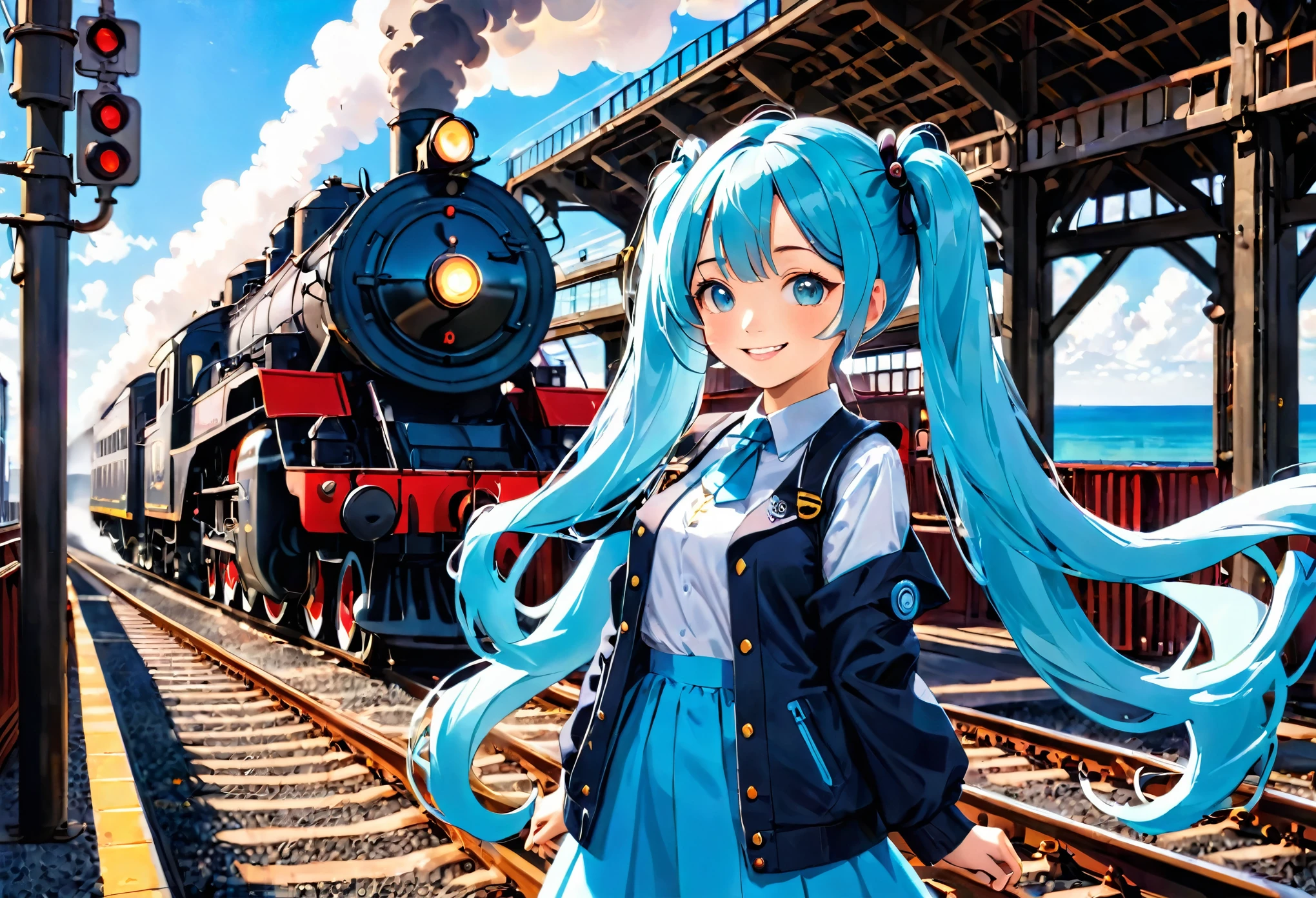 Beautiful girl looking at the train tracks leading to the future from the platform Light blue long hair Beautiful girl with twin tails Bright smile Large in the center steam locomotive You can see the sea from the station