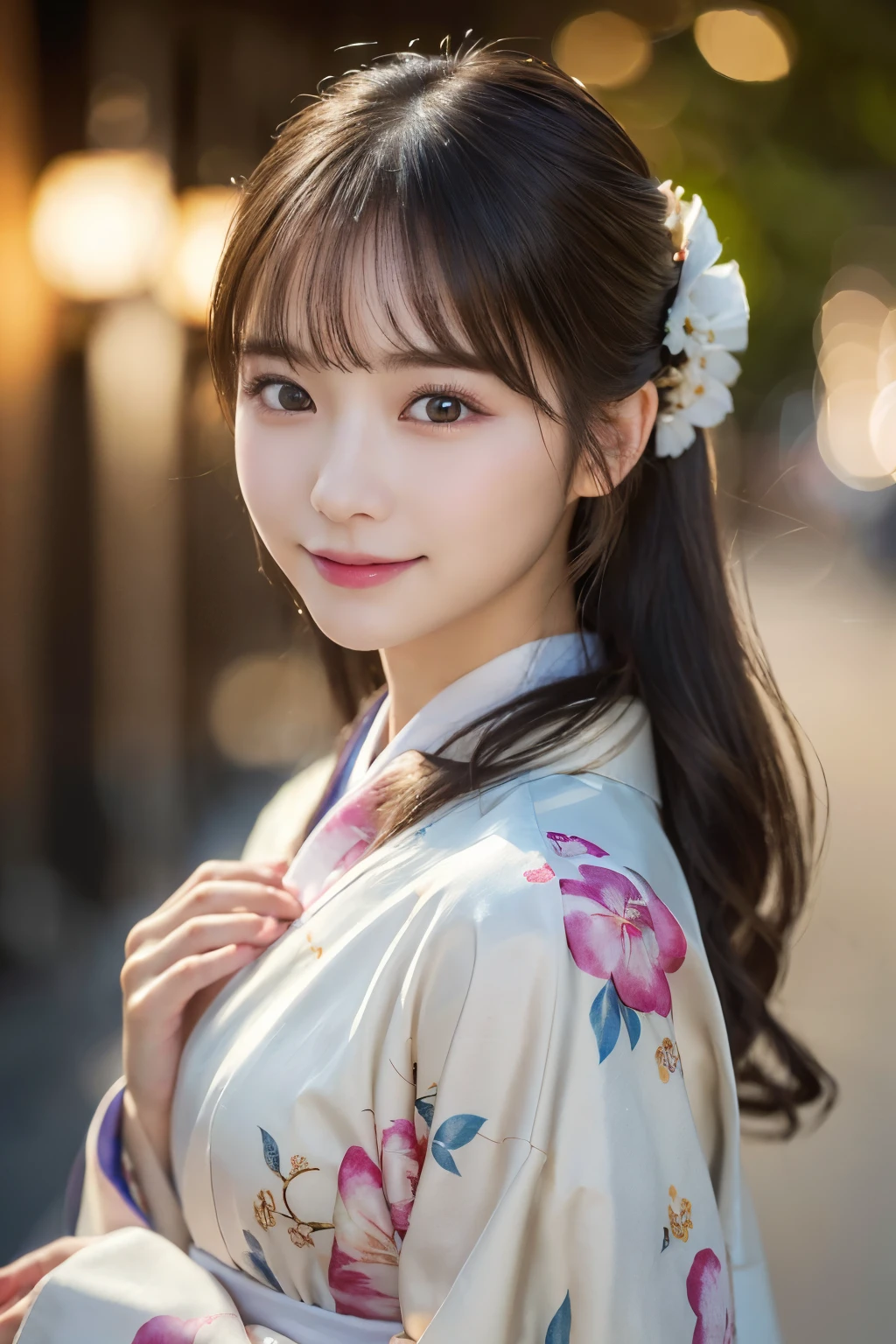 (kimono)、(highest quality、8k、High resolution、masterpiece:1.2)、Very detailed、(Realistic、photoRealistic、photo-Realistic:1.3)、Bokeh、Portraiture、Smile、(Detailed eyes、beautiful girl、Young face、Detailed face、No makeup)、Slightly backlit、Professional Lighting、Caustics