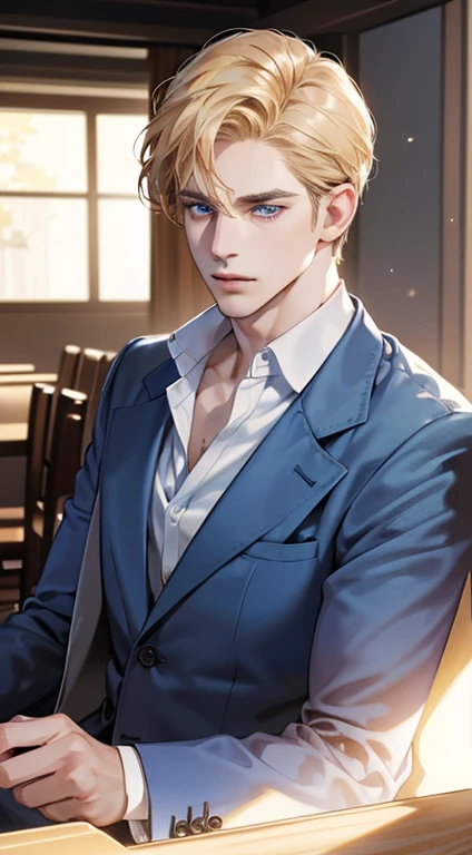 (best quality, masterpiece, 8K, photorealistic, cinematic lighting, 1:4 hdr image, ultra detailed, beautiful image), a mature man, very handsome, ((cold expression)), short golden hair, blue eyes, face perfect without mistakes, ((buttoning his jacket, CEO))