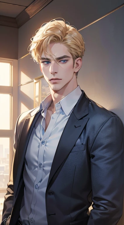 (best quality, masterpiece, 8K, photorealistic, cinematic lighting, 1:4 hdr image, ultra detailed, beautiful image), a mature man, very handsome, ((cold expression)), short golden hair, blue eyes, face perfect without mistakes, ((buttoning his jacket, CEO))