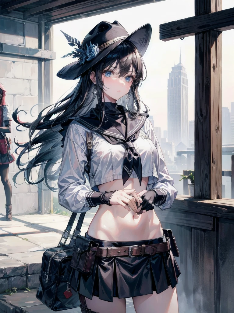 absurdres, RAW photo, extremely delicate and beautiful, masterpiece, Best Quality, ultra high resolution, 32k, hyperrealistic, ultra-detailed, detailed description, perfect anatomy, pale skin, 20 years old, detailed beautiful face and eyes, tearful mole, earring, short medium hair, wavy hair, whole body shot, colossal tits, cowgirl costume, vest, cowboy hat, fingerless gloves, midriff, neckerchief, short skirt, holster, ((yuri)), (((2 girls))),