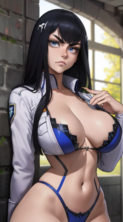 (masterpiece, highest quality, best quality, official art, beautiful and aesthetic: 1.2), (1girl), extremely detailed, (fractal art: 1.3), colorful, highest detailed, black hair, perfect face, upper body, HDR, bright colors, hellsing, seras, standing, breast focus, breasts, huge breasts, bare breasts, boob window, sexy, wide hips, thick figure, Detailed blue eyes, Detailed face, Detailed eyes, perfect face, perfect eyes, sexy clothing, skimpy, breast window, annoyed, frustrated 