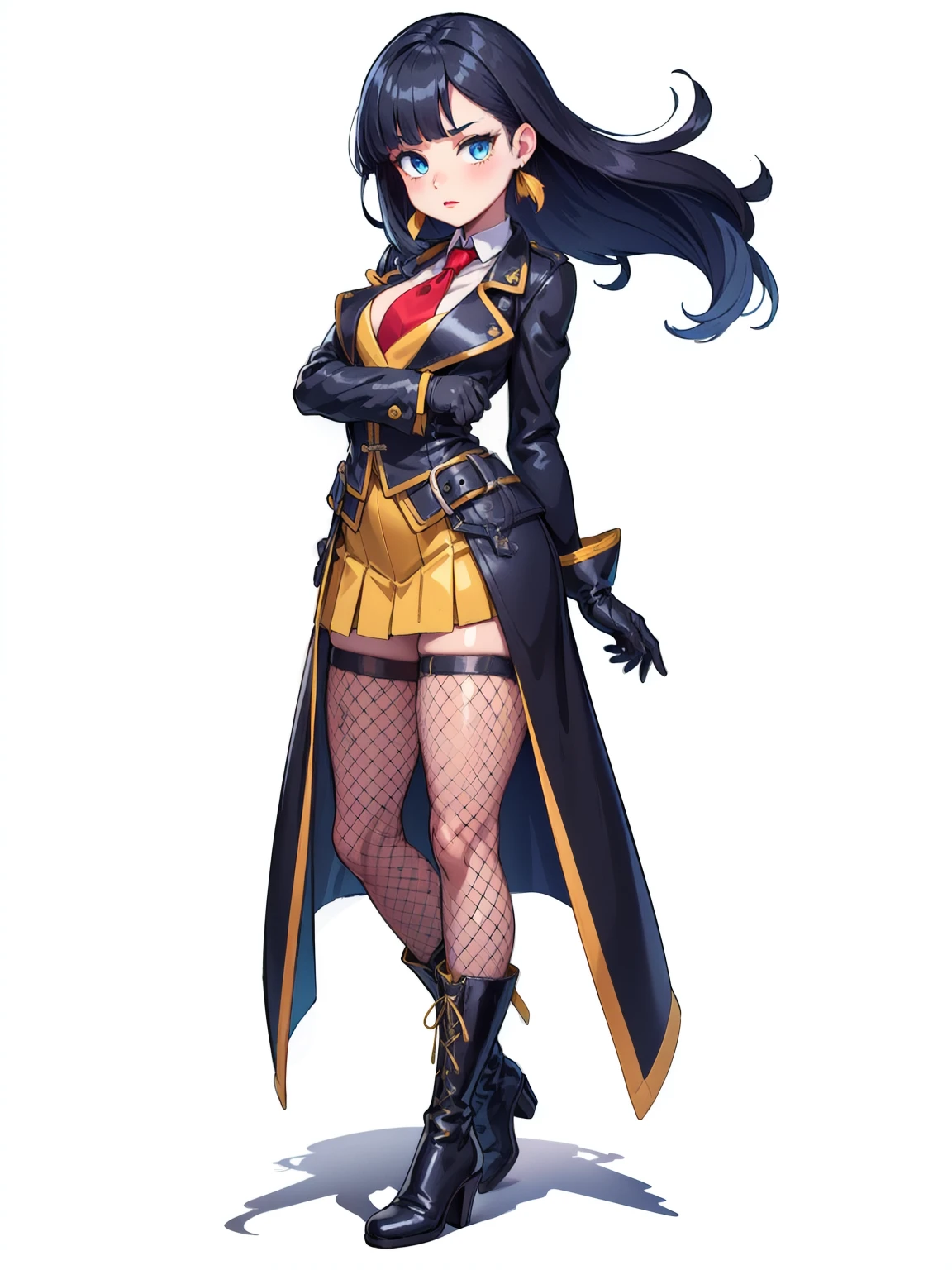 Thick thighs, Legs, Black fishnet stockings, High heel boots (Black and yellow), (extremely detailed CG unity 4k wallpaper),(masterpiece),(best quality),(ultra-detailed),(best illustration),(best shadow),(absurdres),(Detailed background), Black trench coat (open), Yellow pleated Miniskirt, Red tie, High heel boots, Blue eyes, Porcelain skin, Looking at viewer, emotionless face, Very long black hair (Hime), Thick thighs, Wide hips, Yellow gloves, Goth make up, Black eyeshadow, red lipstick,