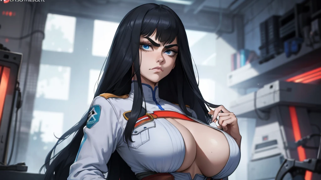 (masterpiece, highest quality, best quality, official art, beautiful and aesthetic: 1.2), (1girl), extremely detailed, (fractal art: 1.3), colorful, highest detailed, black hair, perfect face, upper body, HDR, bright colors, hellsing, seras, standing, breast focus, breasts, huge breasts, bare breasts, boob window, sexy, wide hips, thick figure, Detailed blue eyes, Detailed face, Detailed eyes, perfect face, perfect eyes, sexy clothing, skimpy, breast window, annoyed, frustrated 